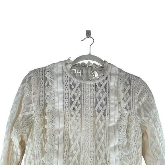 Metisu NWT Cream Sheer Lace Overlay Fishtail Midi Dress M Cottagecore Luxury - Picture 7 of 10